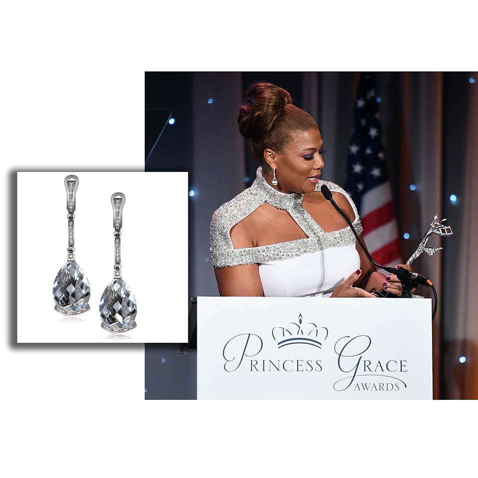 Queen Latifah accepting Prince Rainier III Award in Alex Soldier’s White Swan earrings at Princess Grace Awards Gala in NYC. The award is designed and created by Alex Soldier
