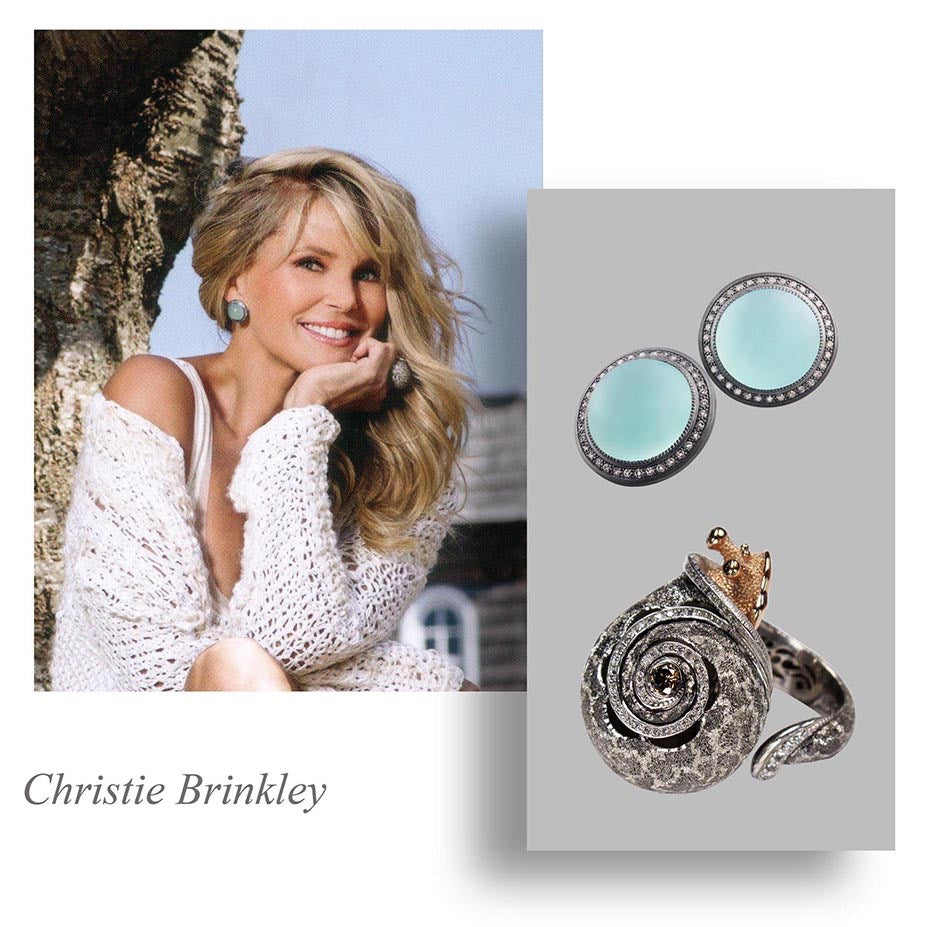 Christie Brinkley pairs Alex Soldier’s Codi The Snail ring with Chalcedony earrings.