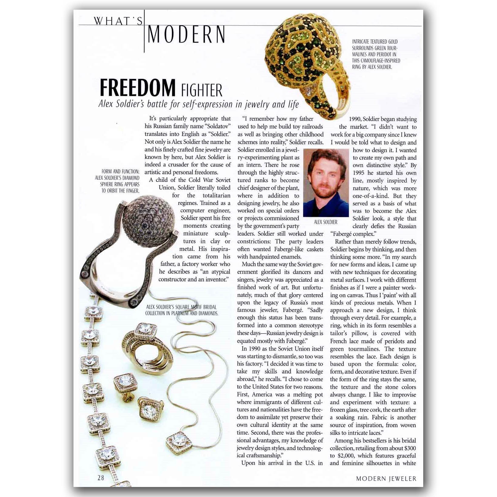 Excellent editorial in Modern Jeweller featuring the story of Alex Soldier.