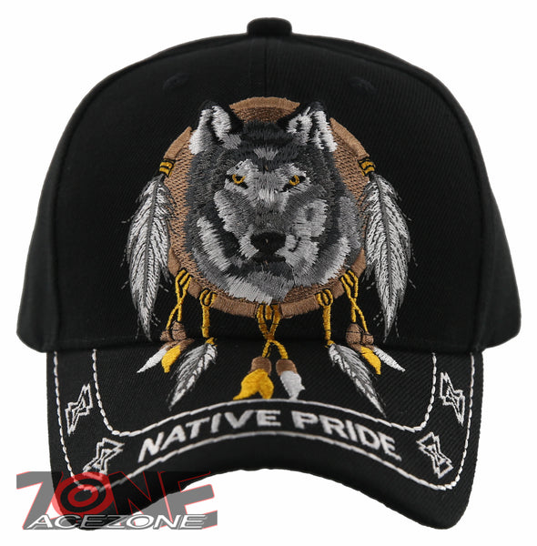 Native American Indian Wolf Feather Shadow BLACK Embroidered Cap Hat CAP635 TOPW 
