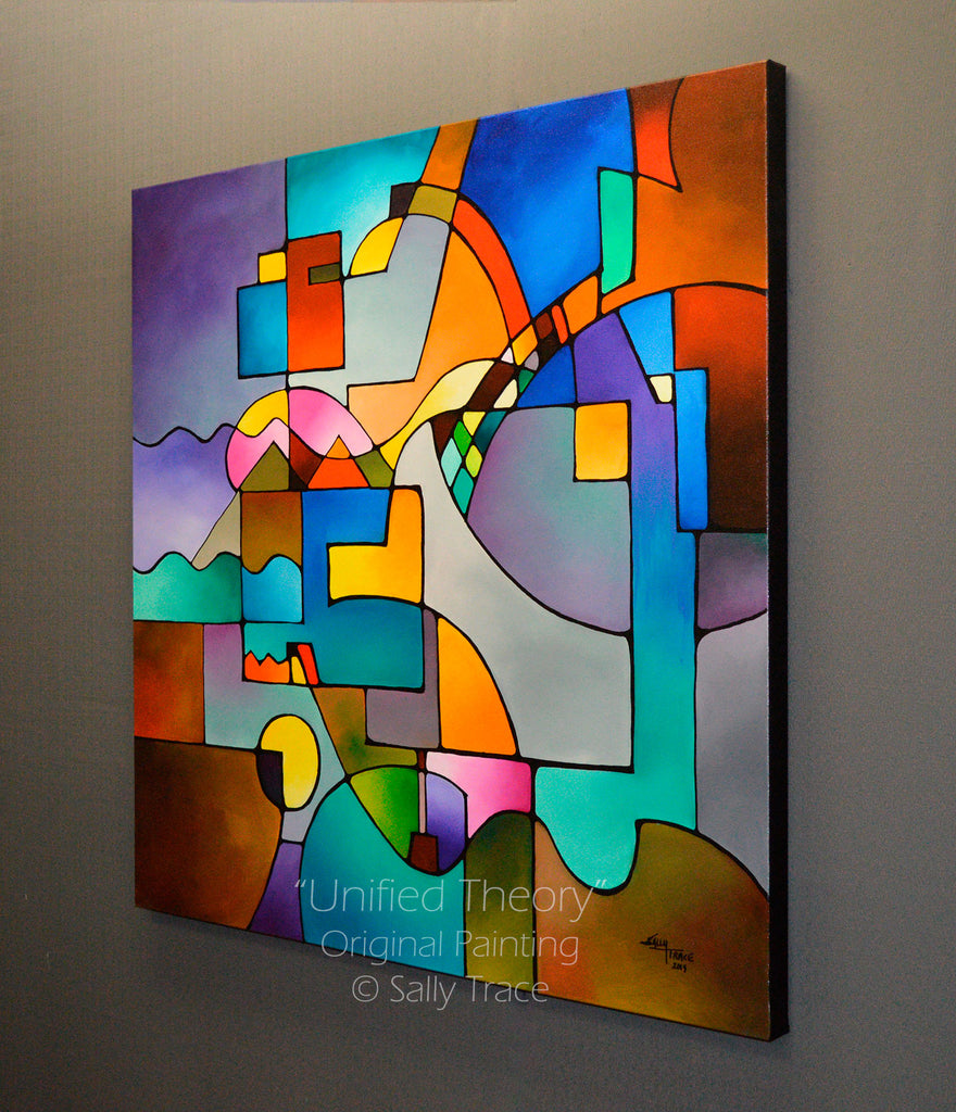 Unified Theory, an original, colorful geometric abstract painting for sale, side view.