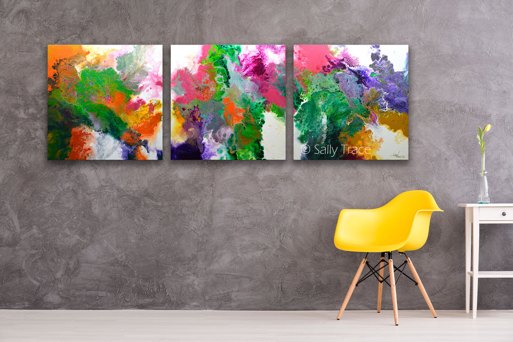 Fluid art pour painting triptych giclee print, contemporary abstract art for sale, "Delicate" by Sally Trace, room view