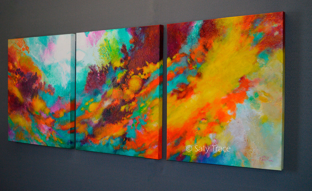 Modern contemporary abstract triptych painting for sale by Sally Trace