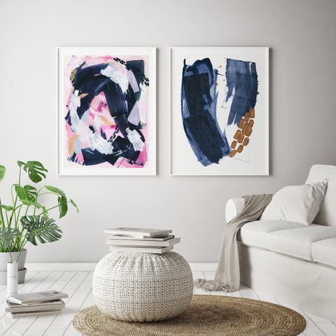 Pink and blue modern abstract artwork on the wall