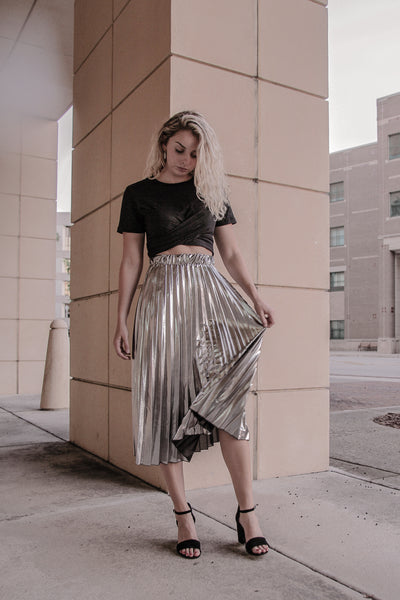 Wrap Tie Tee and Metallic Pleated Skirt