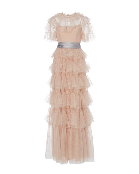 Full-length tulle gown with ruffle Woman, Pink