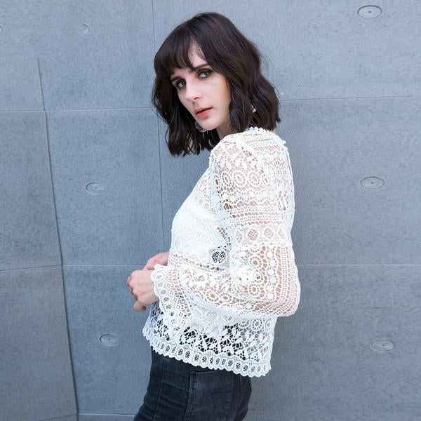 Women's Elegant White Lace Long Sleeves See-through Top in S to 5XL Plus Sizes