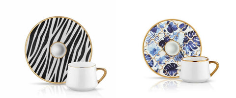 zebra pattern and blue porcelain coffee cups