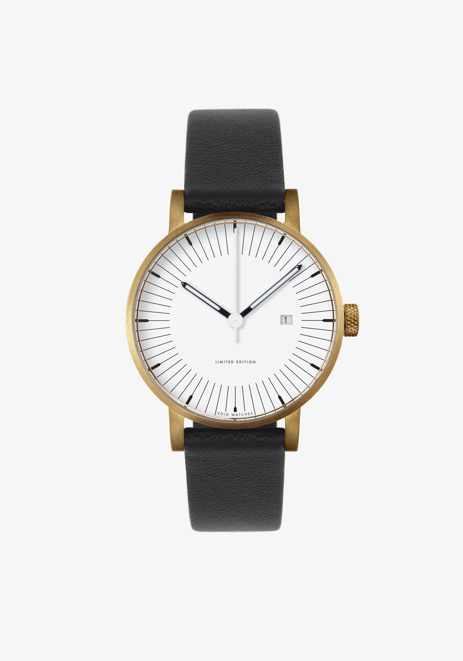 The MoMA-MkII by VOID Watches. A limited edition 70s inspired watch with black leather straps and a gold case.