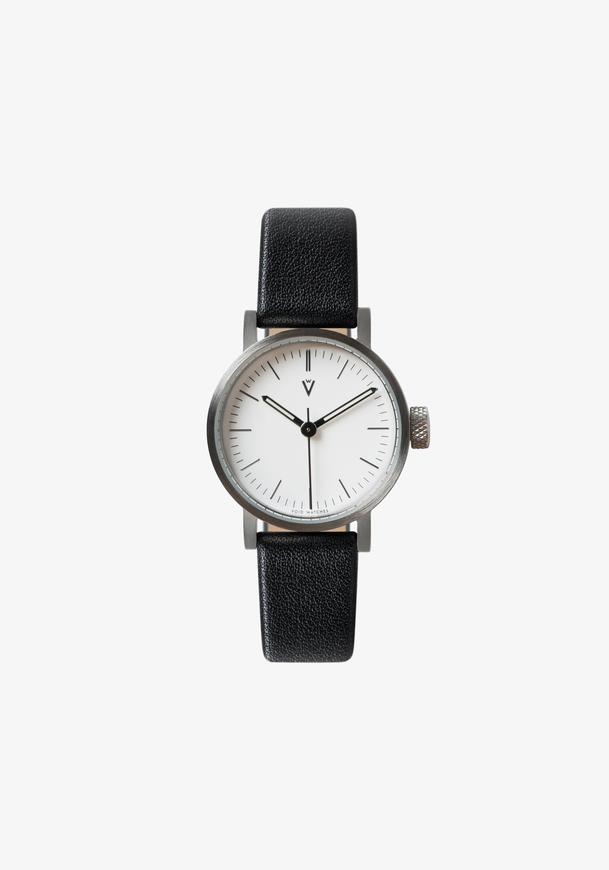 The V03P-BR/BL/WH by VOID Watches. Brushed stainless steel 28mm diameter Petite case.