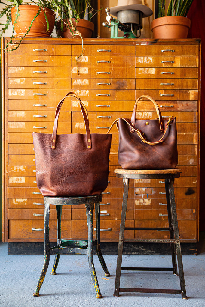 Standard leather tote bag and mini leather tote bag at KMM & Co.