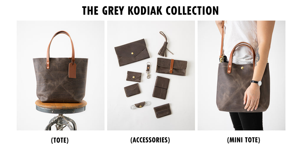 Grey Kodiak leather collection at KMM & Co.