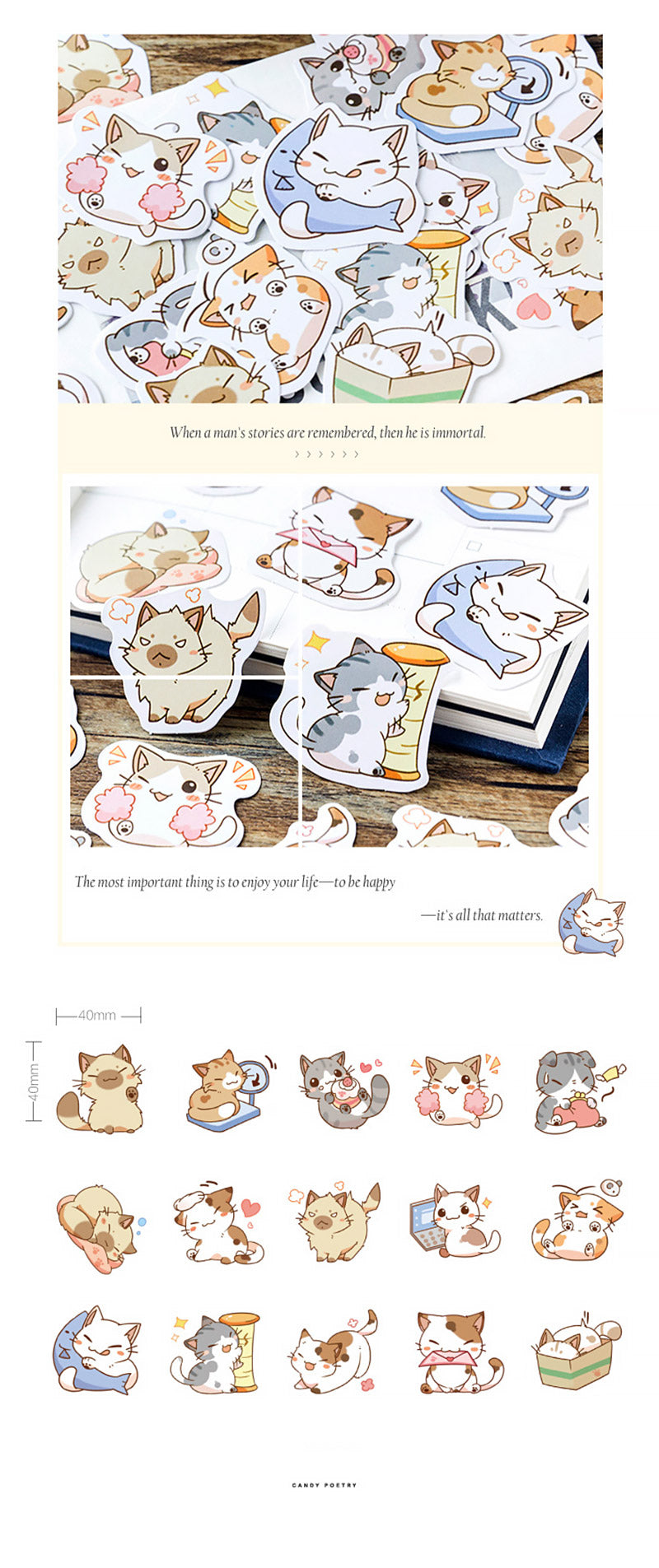 Kawaii Cartoon Cat Daily Life Paper Stickers 45 Pcs - Detail