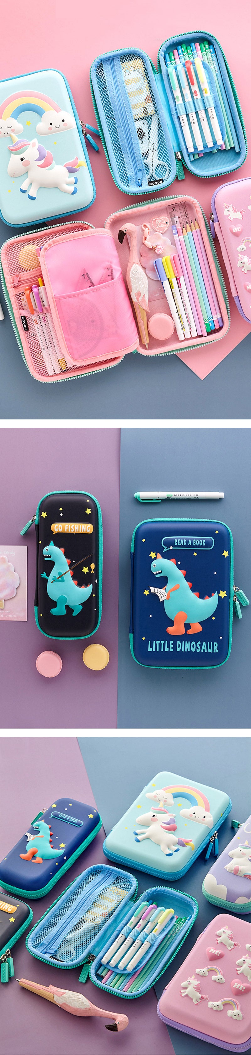 Large Zippered Unicorn Dinosaur Hardtop Organizer Pencil Case - Detail