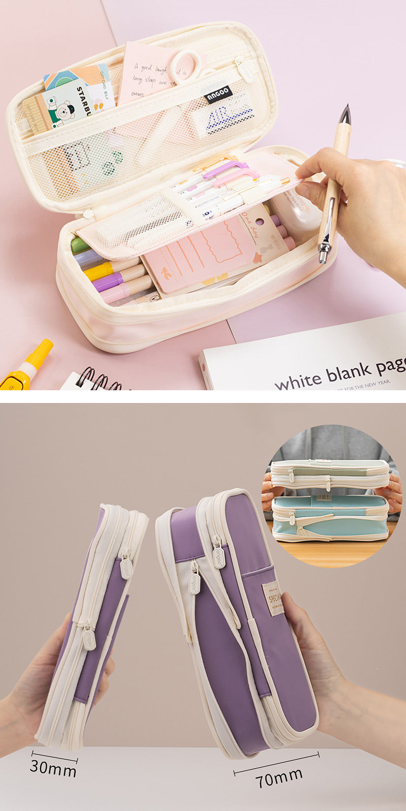 Pastel Zippered Large Foldable Pencil Case