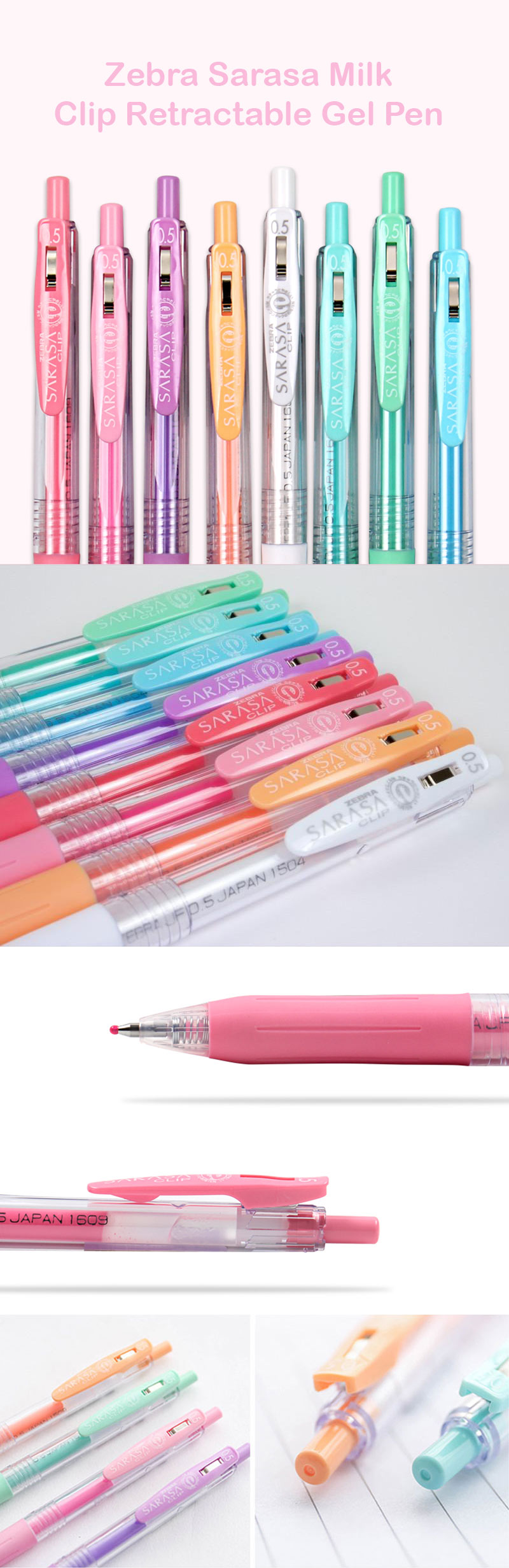 Zebra Sarasa Milk Color Clip Retractable Gel Pen Set - Detail