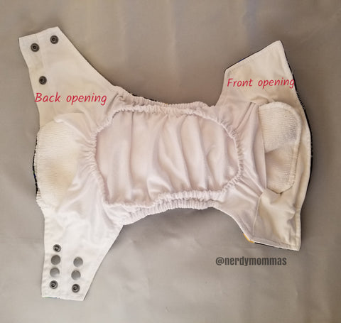 flatlay photo of a pocket diaper with two openings