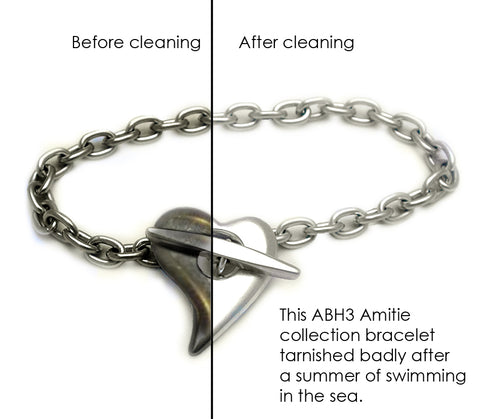 Sterling silver tarnished bracelet before and after cleaning by Annika Rutlin