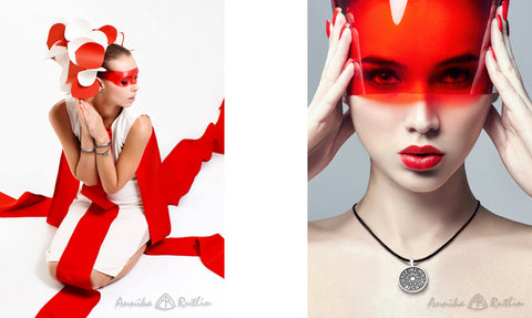 Dramatic red white St. Georges cross images modelling silver jewellery by Annika Rutlin