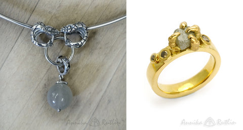 bespoke silver dragon torc necklace and dragon claw rough diamond ring in gold by Annika Rutlin