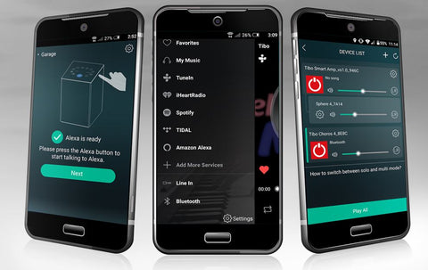 The Tibo App showcasing how it looks and what music services it offers.