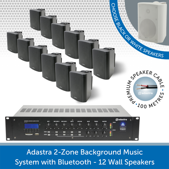 Adastra 2-Zone Background Music System with Bluetooth - 12 Black Wall Speakers