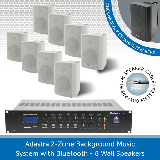 Adastra 2-Zone Background Music System with Bluetooth - 8 white Wall Speakers