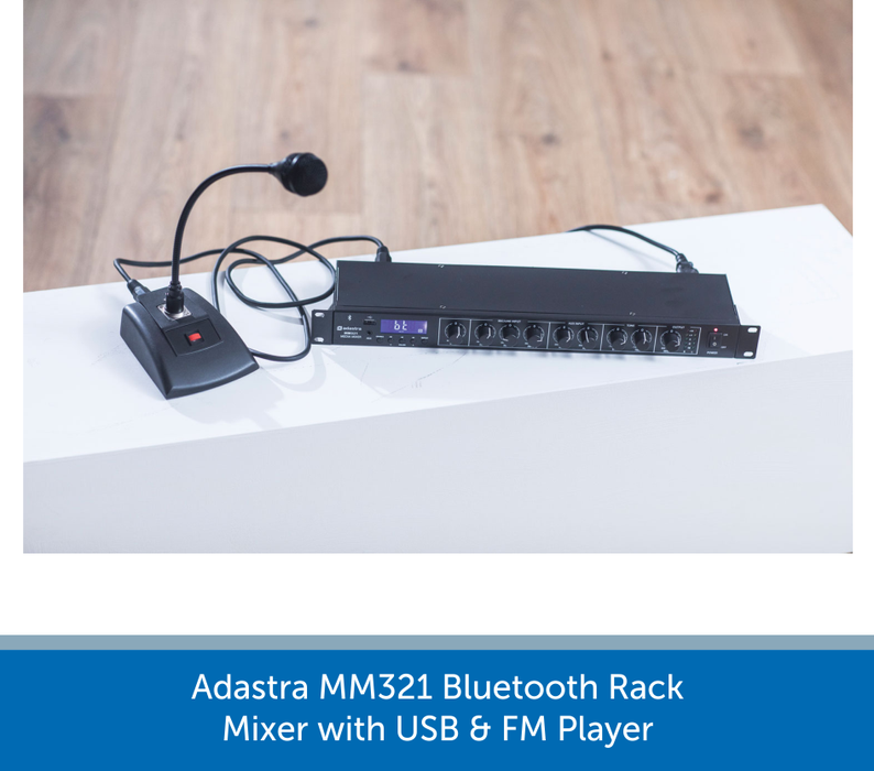 Adastra MM321 Bluetooth Rack Mixer with USB & FM Player & multiple XLR / RCA inputs