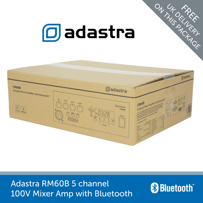 Showing a box for a Adastra RM60B 5 channel 100V Mixer Amp with Bluetooth