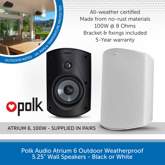 Polk Audio Atrium 6 Outdoor Weatherproof 6" Wall Speakers - Black or White