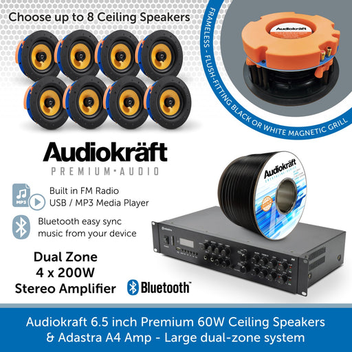 Audiokraft 6.5 inch Premium 60W Ceiling Speakers & Adastra A4 Amp - Dual-zone system