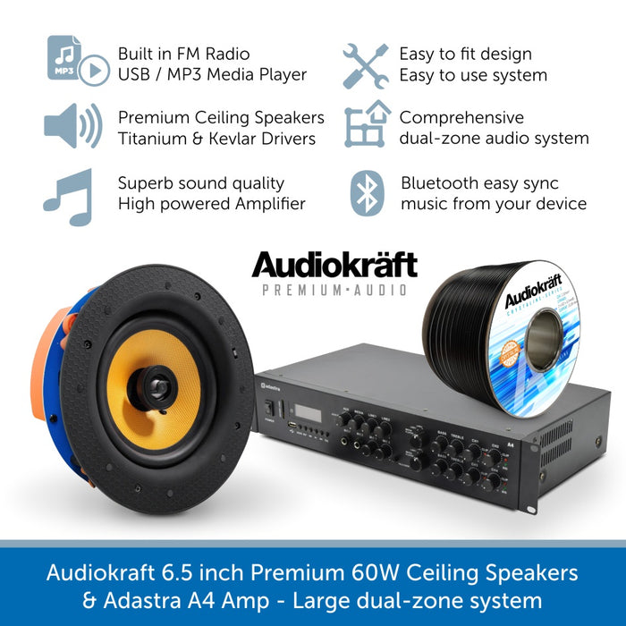 Audiokraft 6.5 inch Premium 60W Ceiling Speakers & Adastra A4 Amp - Dual-zone system