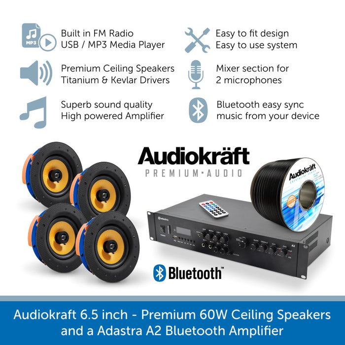 Audiokraft 6.5 inch Premium 60W Ceiling Speakers & Adastra A2 Bluetooth Amplifier