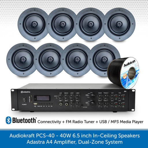 Audiokraft PCS-40 - 40W In-Ceiling Speakers & Adastra A4 Amplifier, Dual-Zone System