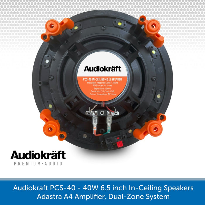 Audiokraft PCS-40 - 40W In-Ceiling Speakers & Adastra A4 Amplifier, Dual-Zone System