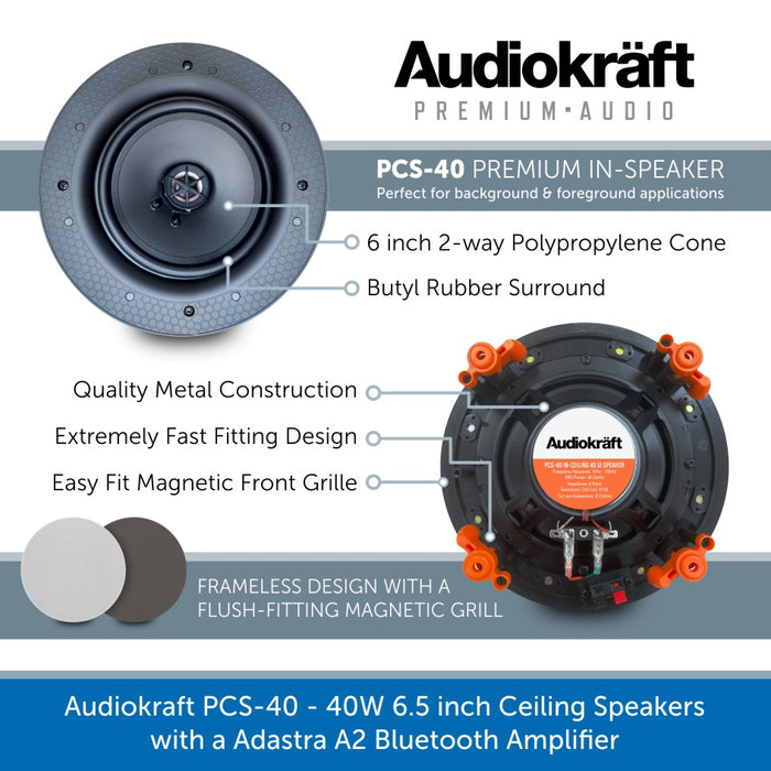 Audiokraft PCS-40 - 40W 6.5 inch Ceiling Speakers & Adastra A2 Bluetooth Amplifier