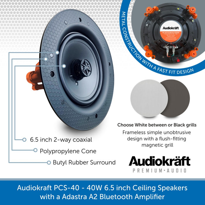 Audiokraft PCS-40 - 40W 6.5 inch Ceiling Speakers & Adastra A2 Bluetooth Amplifier