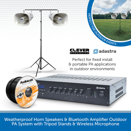 Weatherproof Horn Speakers & Bluetooth Amplifier Outdoor PA System with Tripod Stands & Wireless Microphone