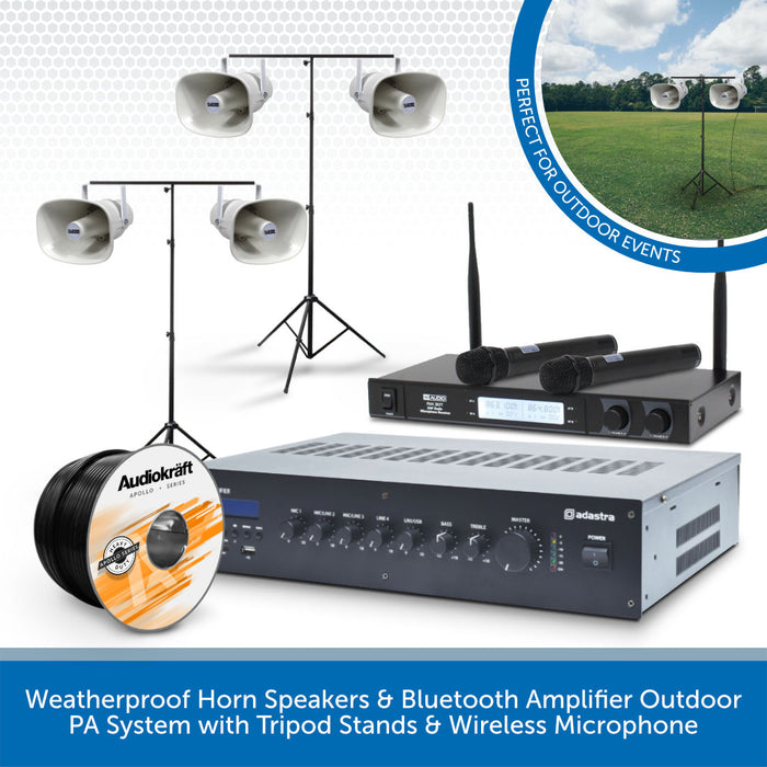 Weatherproof Horn Speakers & Bluetooth Amplifier Outdoor PA System with Tripod Stands & Wireless Microphone