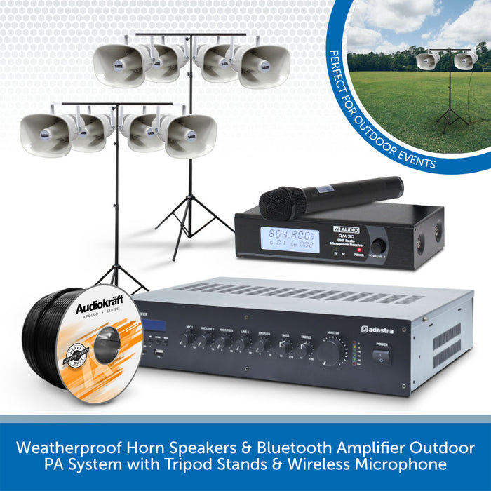 Weatherproof Horn Speakers & Bluetooth Amplifier Outdoor PA System with Tripod Stands & Wireless Microphone