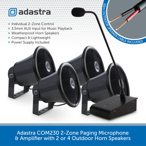Adastra COM230 2-Zone Paging Microphone & Amplifier with 2 or 4 Horn Speakers