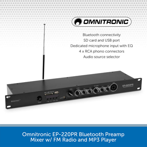 Omnitronic EP-220PR Bluetooth Preamp Mixer w/ FM Radio and MP3 Player