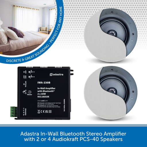 Adastra In-Wall Bluetooth Stereo Amplifier + AudioKraft PCS-40 Ceiling Speakers