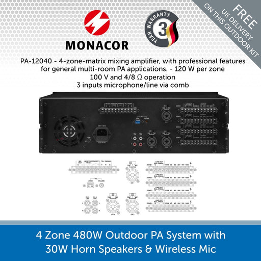 4-Zone 480W Outdoor PA System with 30W Horn Speakers & Wireless Microphone