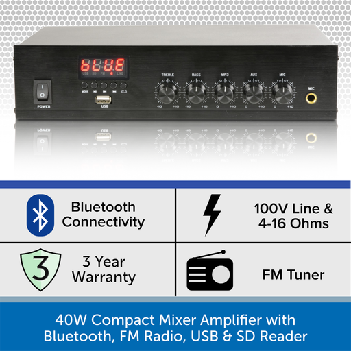 40W Compact Mixer Amplifier with Bluetooth, FM Radio, USB & SD Reader