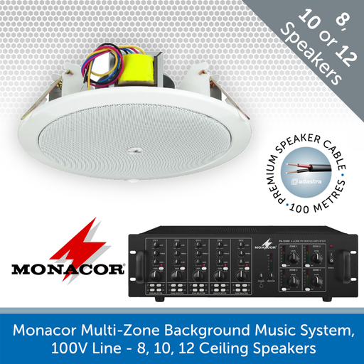 Monacor 4-Zone Background Music System with Volume Control & Source Selection - 8, 10 or 12 Ceiling Speakers