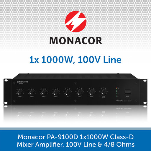 Monacor PA-9100D 1x1000W Class-D Mixer Amplifier, 100V Line & 4/8 Ohms