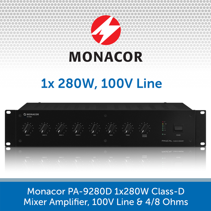 Monacor PA-928D 1x280W Class-D Mixer Amplifier, 100V Line & 4/8 Ohms