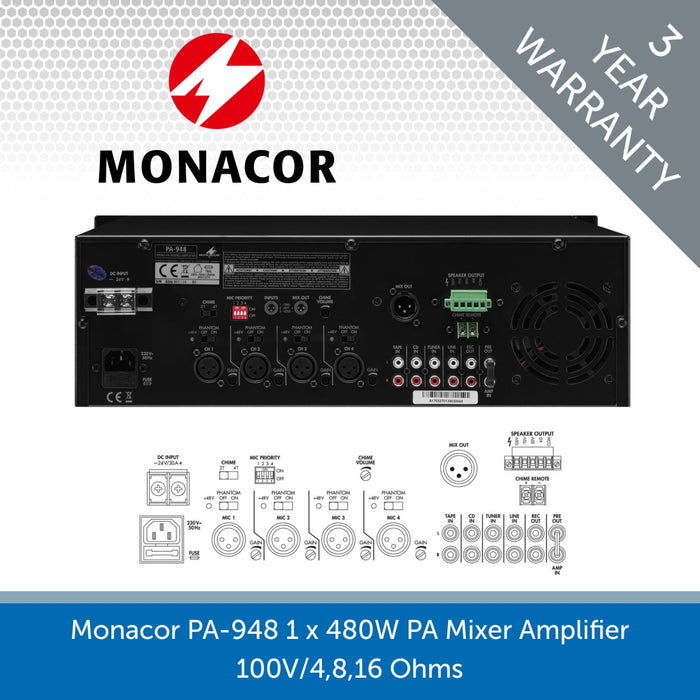 Monacor PA-948 1 x 480W PA Mixer Amplifier (100V 4, 8, & 16 Ohms)