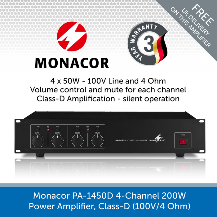 Monacor PA-1450D Class-D PA Amplifier with 4-Channels, 100V Line and 4 Ohms